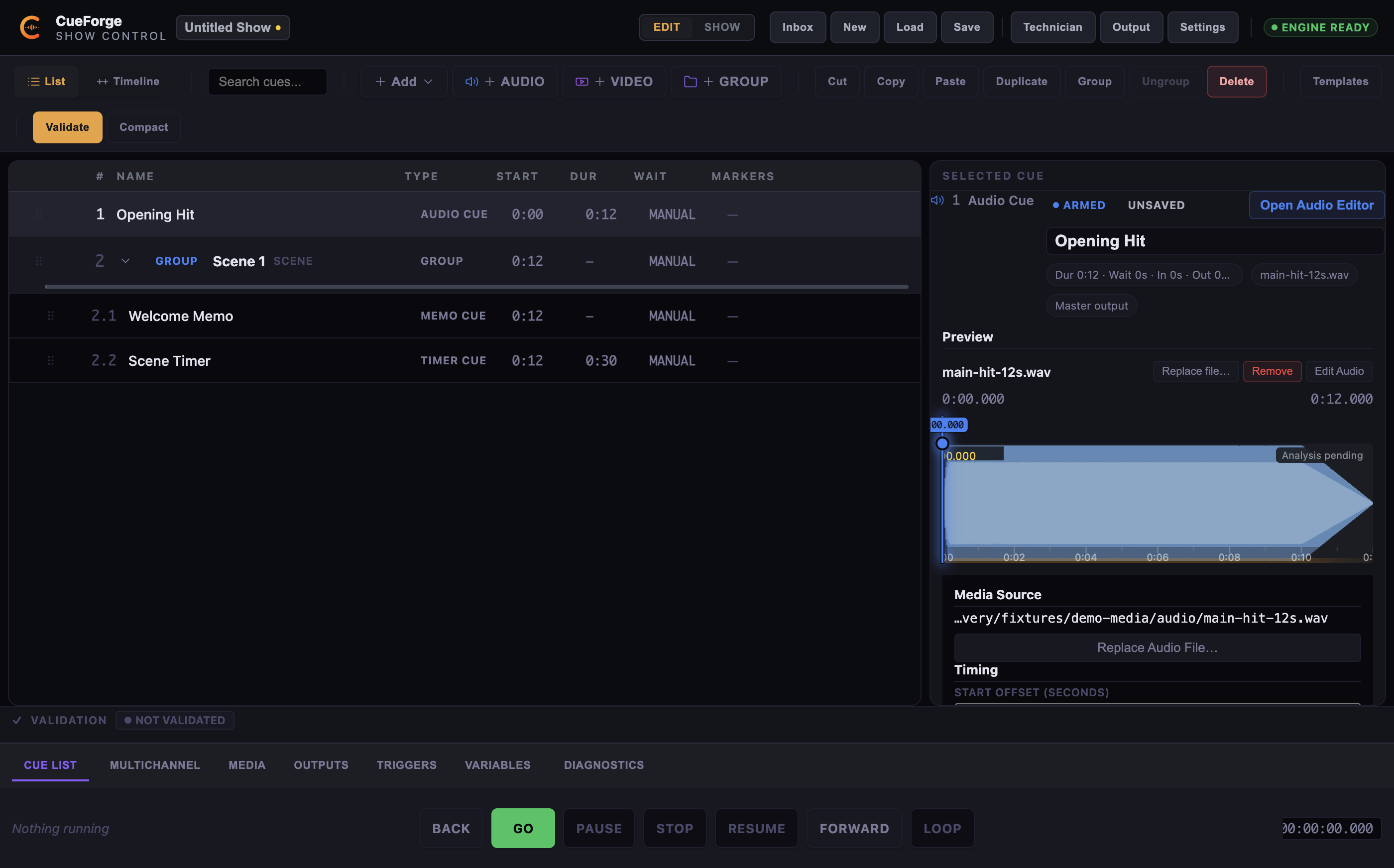 CueForge Edit Mode main window with cue list, toolbar, inspector, and transport bar