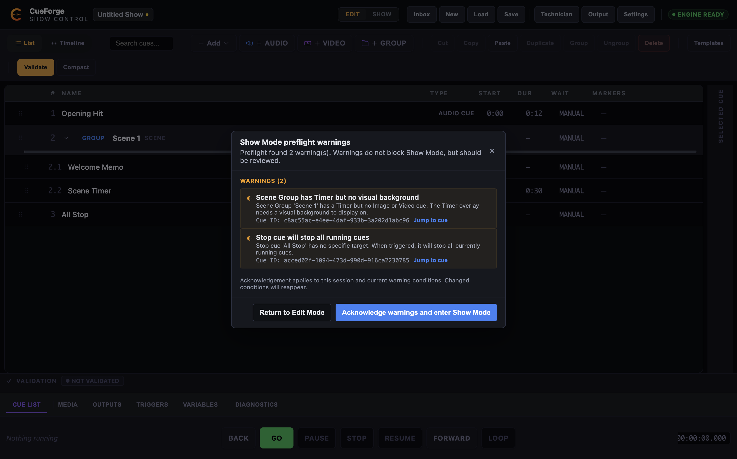 Preflight modal showing two warnings with Jump to Cue actions and acknowledge button
