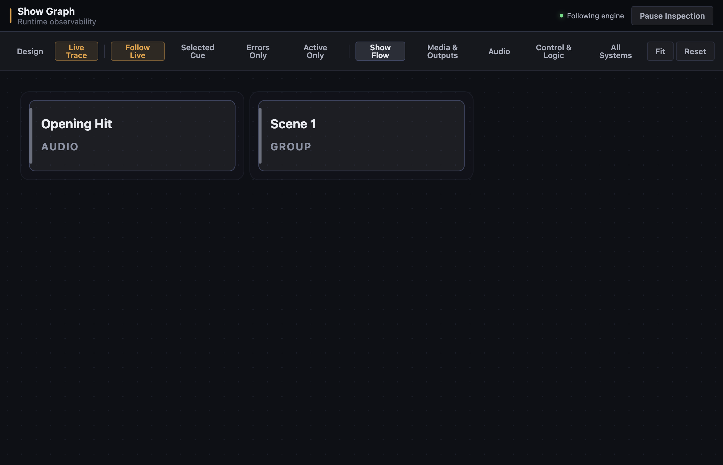Show Graph window showing the Design structure view of the cue graph